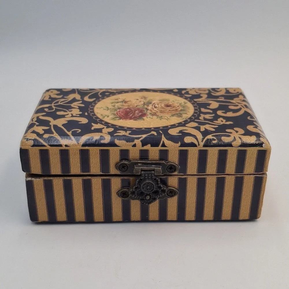 Vintage Small Wooden Jewelry Box Floral Rose Print Gold Foil Decoupage Latch